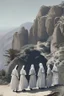 Placeholder: 7 suore africane con tunica grigia giornata di sole precipizio fuori città militare bianco giovane