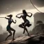 Placeholder: Two women skipping with a rope, demons and angry gods fight in the background, in the style of a Michael Moorcock book cover.