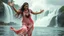 Placeholder: Hyper Realistic Photographic View Of A Beautiful Pashto Woman With Long Brown Wet Hair Wearing A Pink Frock And Maroon Embroidery Happily Jumping On A River Water And Enjoying Rain With A Beautiful Waterfall And Cloudy Weather At Heavy Rainfall Showing Dramatic And Cinematic Ambiance.