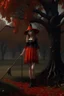 Placeholder: a young witch in a red low-cut short skirt, standing under a black tree, with a staff in one hand, photorealistic, delicate detail.