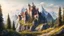 Placeholder: Beautiful realistic landscape with mountains, a castle and forest