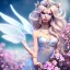 Placeholder: cute fantasy fairy with transparent wings, smiling, blue eyes, make up, long platinum blond hair with crown and flowers, pink dress, unreal engine