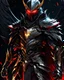 Placeholder: black and gold armor with glowing red eyes, and a ghostly red flowing cape, crimson trim flows throughout the armor, the helmet is fully covering the face, black and red spikes erupt from the shoulder pads, crimson and gold angel like wings are erupting from the back, crimson hair coming out the helmet, spikes erupting from the shoulder pads and gauntlets