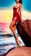 Placeholder: very nice real face beautiful sexy roman with make up at the beach leaning to a big rock,in a short lace red and silver dress, full body, 3D cloudy sky volumetric nice clouds 8k sharp focus,sunset,golden hour,medium shot