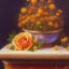 Placeholder: a dreamy yet sorrowful oil painting of a detailed golden crown next to a red rose on a bench in a flower garden