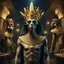 Placeholder: Hyper Realistic aliens wearing crown inside Egyptian catacombs with lots of gold at dark night