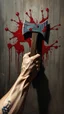 Placeholder: Bosch style painting , A 3D evil hand holding an axe out of red and black bloody wall trying to hit you