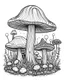 Placeholder: mushroom world minimalistic landscape. line art, background, vector, svg, coloring book page style, black outline on white background