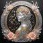 Placeholder: name "Mother Goddess" with decorative cursive writing in pure silver and gold dimensions there are stylized burning sparks in the corner with light smoke and Rose flowers on a black background