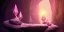 Placeholder: single pink crystal, on an altar in a foggy cave, cinematic,