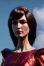 Placeholder: Tall woman, dark brown hair, red eyes, red blouse with black skirt, portrait, Ornate details, vibrant color, highly detailed, art stations, concept art, smooth, unreal engine 5, god lights, ray tracing, RTX, lumen lighting, ultra detail, volumetric lighting, 3d, finely drawn, high definition, 4k.