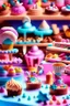 Placeholder: surrealistic image of toys baking and decorating delicious treats in a toy-sized bakery. You can have toy chefs decorating cupcakes, rolling out dough for cookies, and frosting cakes. Surround them with an assortment of mouth-watering pastries and candies.