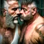 Placeholder: extreme close up photo of two italian prisoners in tank top 40 years old kissing in prison behind bars, chubby, dirty, ugly, bullneck, muscular, short beard, long hairs, manly chest, misery and poverty, emotive eyes, photo 35mm lens, side view, photorealistic, ultradetailed