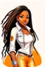 Placeholder: Create a digital airbrush cartoon of a curvy African American female wearing tight white jeans and a off the shoulder orange blouse. She is also wearing timberland boots. Prominent make up with hazel eyes. Highly detailed very long extremely dread locs black hair. Her skin is smooth and silky. Background of a track of ATV riders.