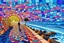 Placeholder: create a detailed mosaic-style seaside walkway, colorful tile path curving along the shore, rising sun made of golden-orange mosaic shards, sky in stained glass patterns of purple, pink, and blue, a lone figure walking, small bench and palm tree nearby, gentle waves crashing --ar 3:2 --v 7 --style raw