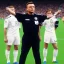 Placeholder: Leonardo Di Caprio in a referee jersey officiating for a soccer match at Wembley Stadium