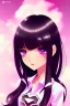 Placeholder: girl, cute, beautiful, black hair, long hair, straight hair, bangs, pink shirt, big eyes, brown eyes, close up portrait, anime