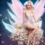 Placeholder: cute fantasy fairy with luminous wings, smiling, make up, long platinum blond hair with crown and flowers, pink dress, unity engine