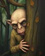 Placeholder: Bosch painting style , a strange looking creature hiding behind a tree , showing half of his body and face from behind the tree