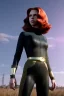 Placeholder: retro portrait image from 1960, sky background, wind, long red hair, fighting stance, sweet young Scarlett Johansson, black dress, classic long tight lycra black suit, gold bracelet and belt, high heel boots, superhero style, soft color, highly detailed, unreal engine 5, ray tracing, RTX, lumen lighting, ultra detail, volumetric lighting, 3d, finely drawn, high definition, high resolution.