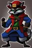 Placeholder: Make a Sly Cooper oc. He is a raccoon with sleek, charcoal-gray fur and emerald-green eyes. He has a sly and mischievous expression, with a black mask-like pattern around his eyes. He wears a tattered, dark blue bandit's outfit with a red sash and a feathered hat that adds to his roguish charm. He also sports a leather pouch at the base of his tail for carrying stolen treasures.