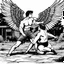 Placeholder: (in the style of grindhouse comic illustration) Jacob wrestling with angel