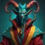 Placeholder: Tiefling with red skin and beastly horns wearing a Spirit-beast Robe of teal and yellow fierce and deadly, masterpiece, best quality , in 3d art style