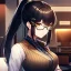 Placeholder: girl, masterpiece, best quality, cinematic lighting, detailed outfit, perfect eyes, black hair, golden eyes, long hair, ponytail, black glasses, at office, hairclip,