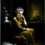 Placeholder: oil painting, woman seating down, dark, Leonor Fini