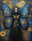 Placeholder: A strange old thin fairy with detailed shapes, head wrapped in dark cloth. Colorful butterfly wings. It stands in the gold, black and blue space of a flower hell. Abstract expressionism, grunge textured grainy oil colors on canvas. Disturbing depressive. Soft brush strokes Gustav Klimt.