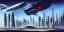 Placeholder: Spaceport on a heavy industrialized planet with futuristic high rise buildings with glass facades in the background and a docked spaceship in the foreground, retrofuturistic, art by John Berkey, brutalist architecture, insanely detailed, vibrant, 8k uhd, cinematic atmosphere, ultra-wide angle, street level view, brush strokes, blue sky with clouds, sharp focus