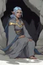 Placeholder: Dnd character on her knees in a cave. A female Elf twilight cleric with curly short blue hair and golden eyes, wearing gray robes. Etheral, muscular, strong.