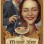 Placeholder: wine label. A woman lady in her 40 and her male colleague with short hair - drinking fresh wine with smiles. Grotesque, funny, cartoon.
