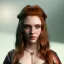 Placeholder: hyper realist, hyper detailed, stunningly beautiful teen girl, long ginger hair, green eyes, medium freckles, full lips, skimpy fantasy intricate leather armour, full body and head, c-cup breasts, shocked expression, centred camera, full frame, petite, centered camera