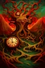 Placeholder: A digital painting of a grotesque, surreal landscape, embodying the chaos of the subconscious showing a distorted clock and shaped trees with twisted roots float above a ground with colorful waves and swirls. This landscape is like a dream world. Use exaggerated proportions, and a digital brush texture of oil paint.