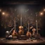 Placeholder: Hyper Realistic musical instruments orchestra with musical notes on a dark vintage designed stage with dark grungy rustic background & vintage lights