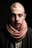 Placeholder: Portrait of a young man, bald, fiercy look, with a long scarf Who cover his mouth and a mask in his eyes