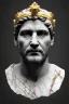 Placeholder: Ultra Realistic image, Roman sculpture, white marble material, young Maradona, gold crown of natural thorns, god crown, gold veins, gold ornaments, Renaissance style, sun rays background, waist up portrait, epic, celestial, cinematic lighting, God lights, 4k resolution, smooth details, soft lighting, unreal engine 5, art station, substance 3d.