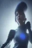 Placeholder: Motoko Kusanagi, raining, nostalgic, cold, dark blue, gloomy, heavy fog, 8k photorealistic, cinematic lighting, high details, dramatic, atmosphereric