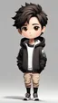 Placeholder: Create a 3d character of a male 27 years old, shaved, square face, brown eye, black hair, short hair and shaded both sides, wearing a black hoodie and a light brown puffy jacket, in a white background, cute, chibi