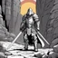 Placeholder: [comics Head Lopper style by Andrew MacLean] The hero, clad in plate armor, his two hands on the hilt of his zweihandsword, stands guard at the narrow passage in the canyon. Guard up, he knows he may die protecting the valley.The sun beats down mercilessly, casting harsh shadows across the rocky terrain. The hero's armor gleams in the sunlight, a beacon of strength and determination. His grip tightens on the hilt of his massive sword, ready to face whatever may come.