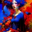 Placeholder: Art by Alice Rahon, Richard Burlet, Odilon Redon, Raymond Swanland, Andrey Remnev, Conrad Roset; Rebellious ravishing girl Rachel, regal in royal blue and ribuli, roaming through the radiant realm of the rainbow river valley with her ruby colored hair, meets a rare raven in a rolling hills of resplendent roses and rustling reeds, under a riotous reflective hues sky.