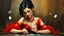 Placeholder: impressionist oil painting smooth brush strokes "head and shoulder" beautiful woman sitting at poker table elegant red tulle and shiny dress, red jewelry black hair in a bun, big hanging curls, slight smile, eyes downcast, long eyelashes cards in hand dark background other small cards flying around her some deteriorating grainy noise falling particles, backlight