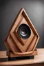 Placeholder: pro audio SPEAKER with a display screen in a triangle design and it is made of wood in the style of art deco on a desk