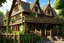 Placeholder: large medieval gothic, wooden inn, with a balcony, next to a sloping, cobbled road, in a wood, dense foliage, photo-realistic