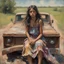 Placeholder: A gritty rough oil image of a gypsy girl sitting on the back of an old rusty truck in a summerscape in the country on a dirt road. The girl has a weathered, determined look, with long, flowing dark hair and a colorful, tattered dress. The