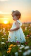 Placeholder: A baby girl with a white dress standing in beautiful colorful meadow of wild flowers floral background, landscape with white or pink flowers with sunset and blurred background. Soft pastel Magical nature copy space evening not bright