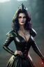 Placeholder: Lisa Ann as evil queen in black leather gown, cleavage, angry, stern look, unreal 5, octane render,cinema4d, dynamic lighting, dramatic lighting, 4k, redshift render, highly detailed, hyper realistic