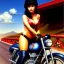 Placeholder: portrait of busty beautiful 'Female Rider on Shotaro Kaneda's Bike',painting by Earl Norem, simon Bisley, evan lee, 86-86, oil on canvas, cinematic composition, extreme detail,fit full head inside picture,8k