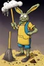 Placeholder: artist Jean-Baptiste style. A unhappy, disgruntled biomorph skinny fuzzy-headed old dust Bunny. skinny arms, legs, and body covered all over with bits of dust and dirt. blue eyes. A yellow dotted green raggedy apron. holding a mop and pail. standing in a cloud of dust. large bits of dirt flying around his head. style of Tim Burton.